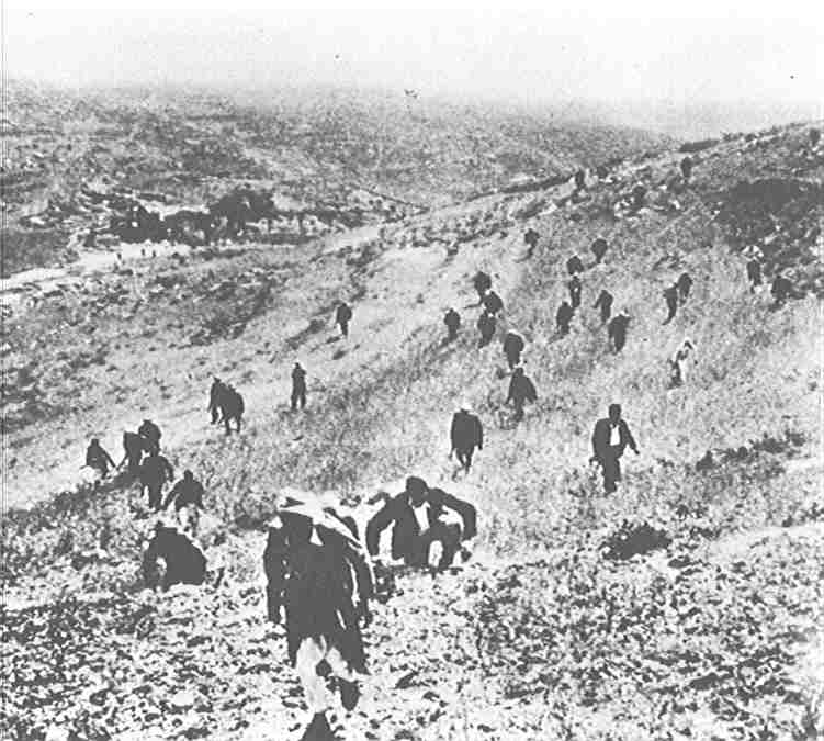 صورة لقرية القسطل - فلسطين: : صورة نادرة للمجاهدين وهم يحررون القسطل في 8-7 نيسان، 1948. في هذه المعركة استشهد المجاهد عبد القادر الحسيني.