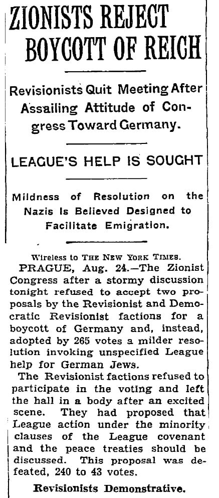 NYTimes Zionists Rejected Boycott of Reich, Aug-25th 1933